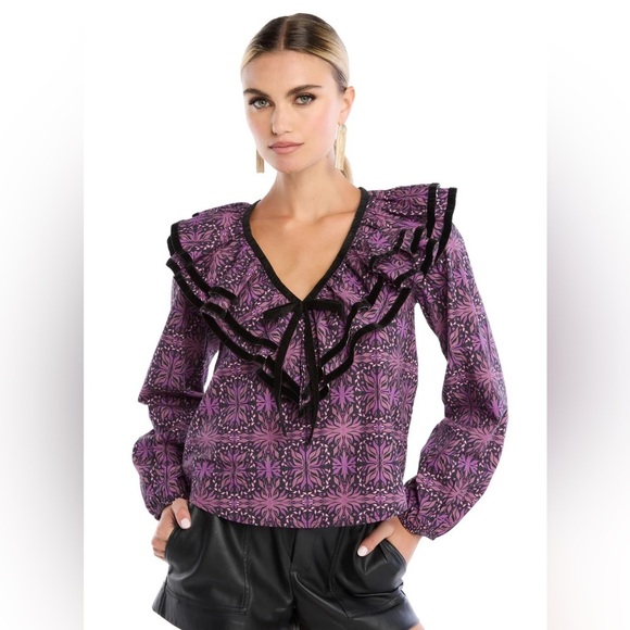 Allison New York Purple and Black Boho Ruffle Puff Sleeve Blouse sz L